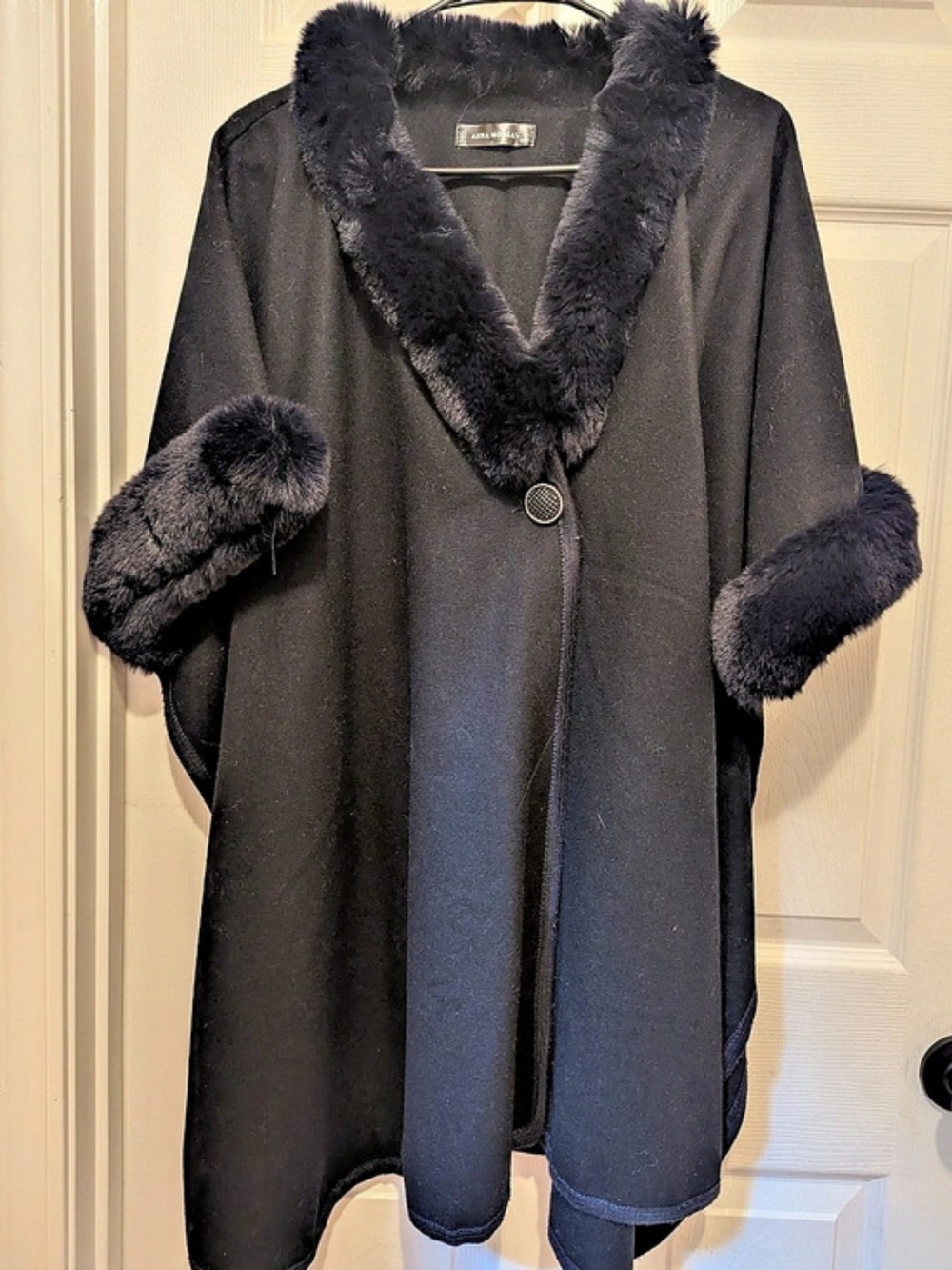 Anna Morgan Faux Fur Trim Cape in Deep Blue Like New Open Silhouette